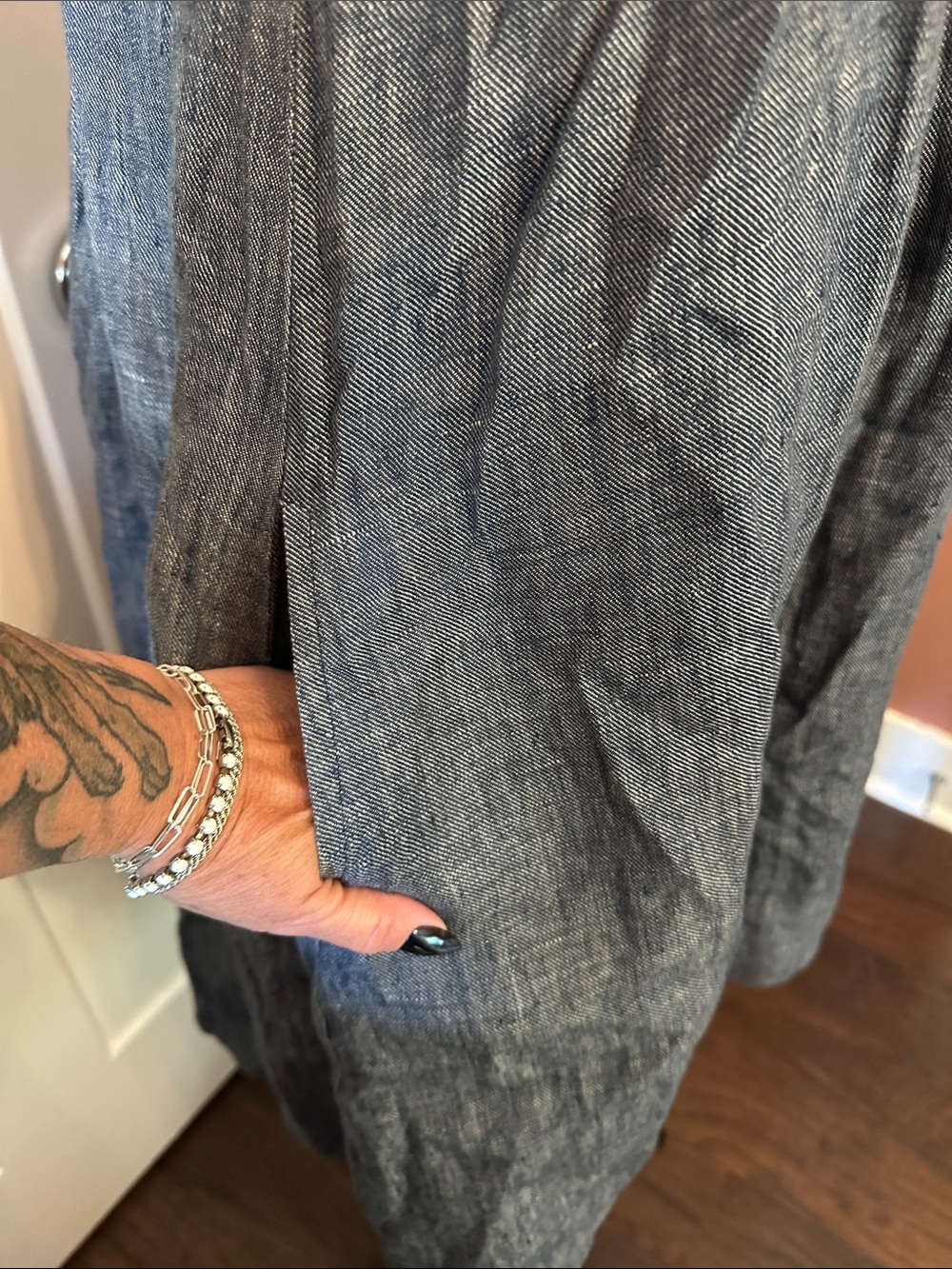 Anthropologie Staci Woo Souvenir Ed. Blue Chambray linen 3 midi pockets Sundress - Picture 4 of 11